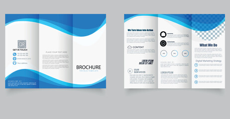 Modern Corporate Trifold Brochure Template with Blue Wave Design. A clean and professional trifold brochure template featuring a modern blue wave design