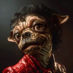 A friendly, humanoid creature with a mix of dog and human features, sporting a warm smile, stands out against a dark background.