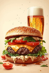Gourmet Hamburger with Beer - Vector Illustration.