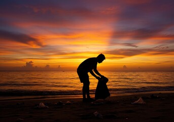 Person collecting debris on beach at sunset silhouette