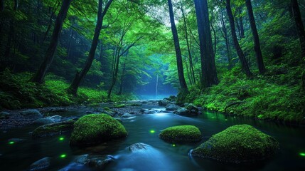 Fototapeta premium Lush Green Forest Stream Landscape with Moss Covered Rocks and Sunlight Filtering Through Trees Showcasing an Enchanting Natural Scene and Tranquil Atmosphere in the Outdoors