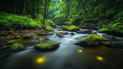 Obraz premium Lush Green Forest Stream with Mossy Rocks and Long Exposure Flowing Water Natural Light Beautiful Scenery Tranquil Atmosphere and Green Foliage in Summer
