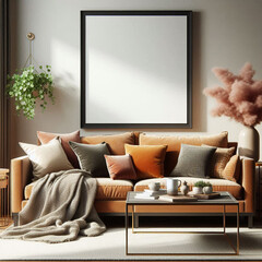 modern living room with fireplace and blank frame photo