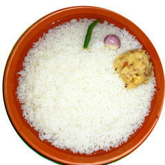 A pouring sifted white rice into a clay bowl.