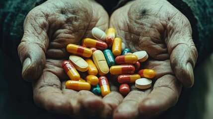 Elderly hands holding a variety of colorful pills and capsules.