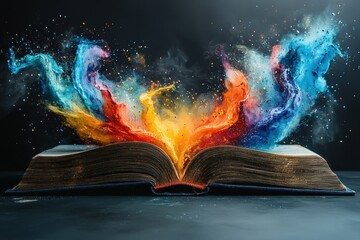 Colorful energy bursts from open book creating a vibrant display of creativity and imagination in a dark setting