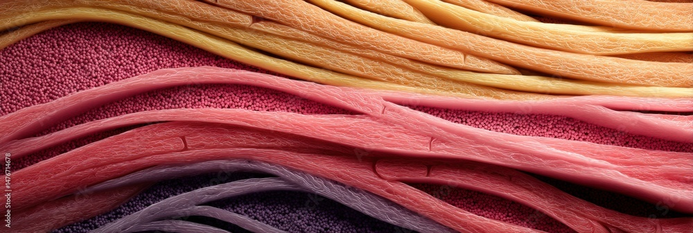 Poster macro view of skin and muscle layers showcasing intricate details and textures in a vibrant diagram 