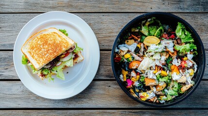A half-eaten sandwich on a wooden table next to a trash bin overflowing with discarded food items, emphasizing contrast between edible and wasted food