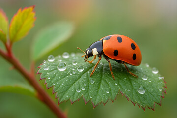 Obraz premium Ladybug on Dewy Leaf