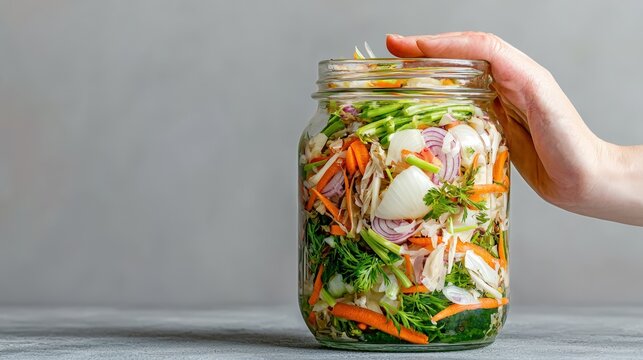 A large glass jar filled with vegetable scraps such as onion skins and carrot tops, positioned centrally with ample surrounding whitespace
