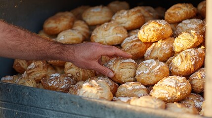 Fototapeta premium A hand reaching toward a dumpster filled with bakery goods, illuminated by warm evening light