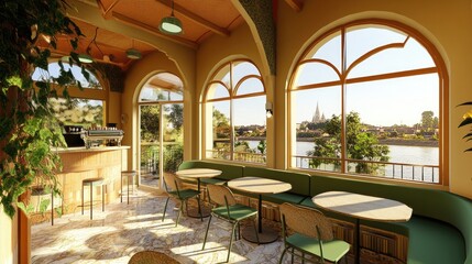 Fototapeta premium Interior design of a cafe overlooking a scenic waterfront.