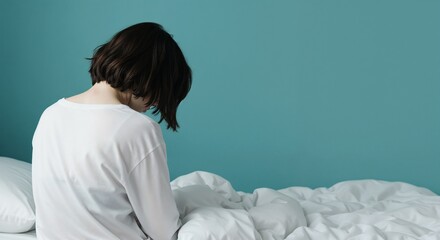 woman with short hair turning her back on bed, head slightly bowed, teal background, emotional solitude