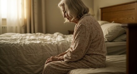 Elderly woman sitting alone on bed, turned away from pillows, quiet sadness in the scene