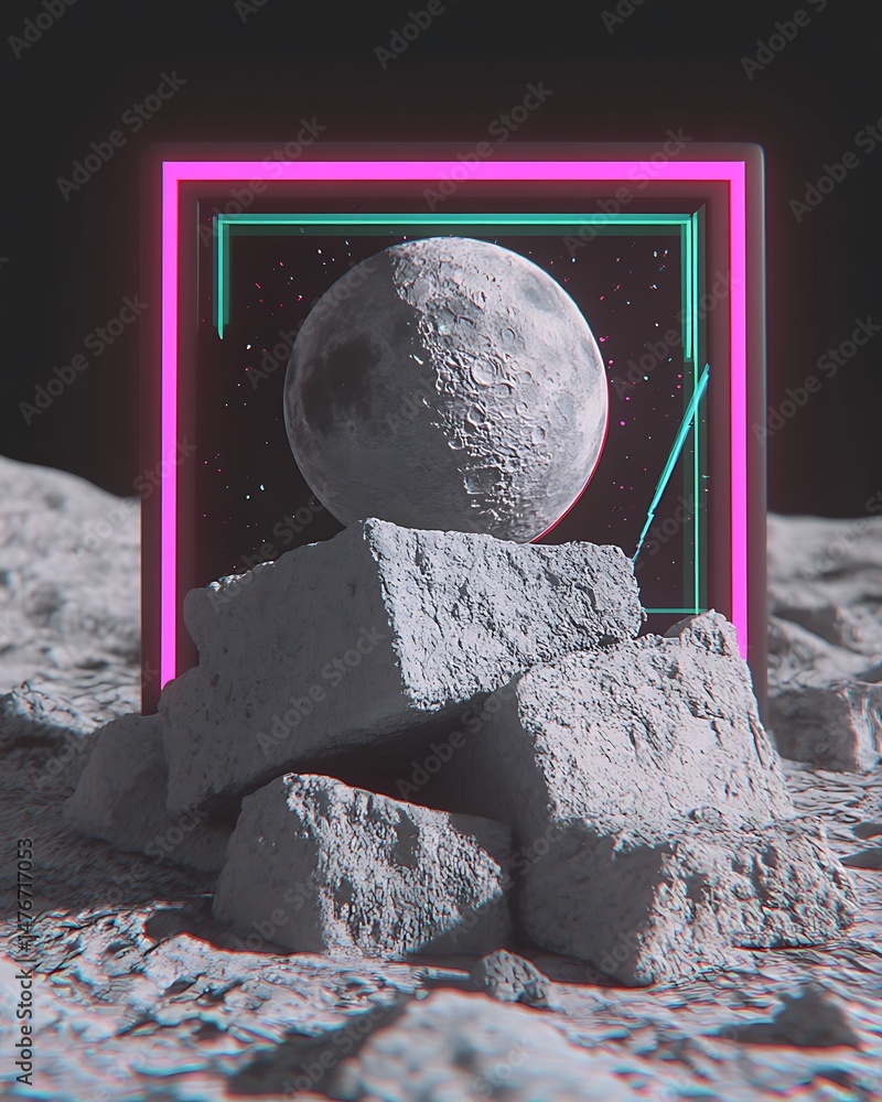 Poster abstract concept of moon surrounded by geometric shapes and rocks