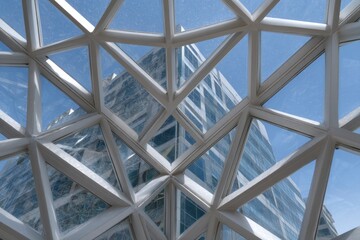 Naklejka premium Geometric Glass Structure Framing Modern Skyscraper: A Serene Architectural View