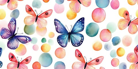 
Bright abstract seamless pattern with multicolored watercolor dots and butterflies. Watercolor hand drawn floral seamless pattern with illustration of colorful exotic butterflies, flowers, dots

