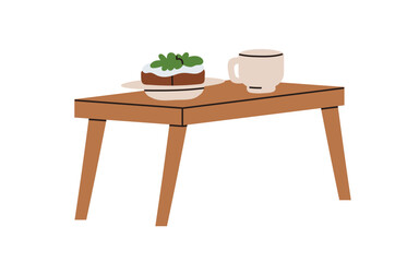 Bed tray, wooden table with legs for morning meal, breakfast, lunch serving. Coffee cup and food, snack, toast. Tea mug and dessert. Flat vector illustration isolated on white background