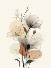 Contemporary art posters with bohemian aesthetics, flowers in warm light brown tones.