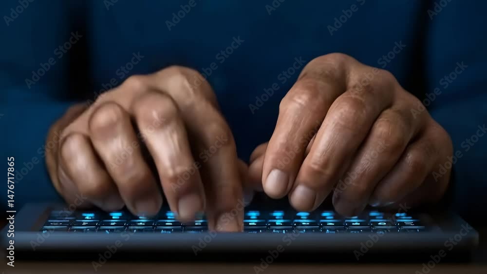 Poster night typing:close-up of hands typing on a backlit keyboard in the dark. the glow of the keys illumi