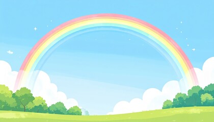 Vibrant rainbow over lush green field nature illustration bright day serene landscape colorful skies