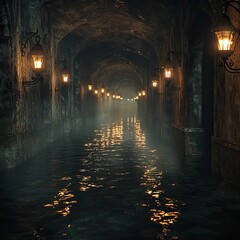 Narrow water-filled tunnel with stone arches and hanging lanterns reflecting in surface. Ivy drapes down over walls in dim lighting. Generative by AI.