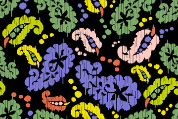 Ikat leaves vintage design embroidary seamless pattern on background vector illustration.Ikat ethnic oriental embroidery traditional.Indian Ikat pattern Aztec style retro. design for texture,fabric.