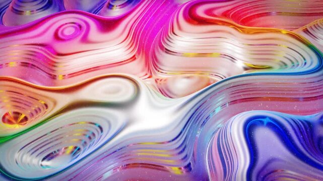 Looped abstract background. Beautiful iridescent wavy surface like surface of christmas toy, gradient color and flow waves on it. Rainbow glossy and matt fluid. Soft smooth animation.