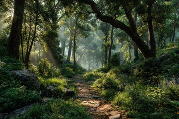 Fototapeta premium A path through a lush, green forest with sunlight filtering through the trees. Generative Ai