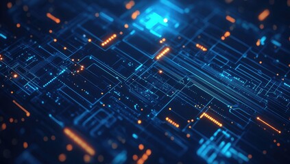 Abstract circuit board pattern with glowing lines.  Complex network of interconnected nodes and pathways