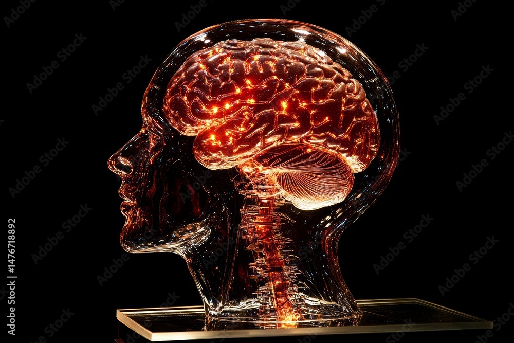 Poster transparent human head model displaying a highlighted brain.