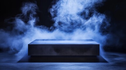 Mysterious Blue Smoke Stage Background with a Dark Platform for Product Display and Atmospheric Lighting Creates an Abstract Vaporous Scene