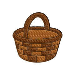Fototapeta premium Embroidered clipart of a handwoven wicker basket for collecting flowers, fruits, or eggs. Ideal for countryside scenes, harvest designs, and warm cottagecore lifestyle illustrations