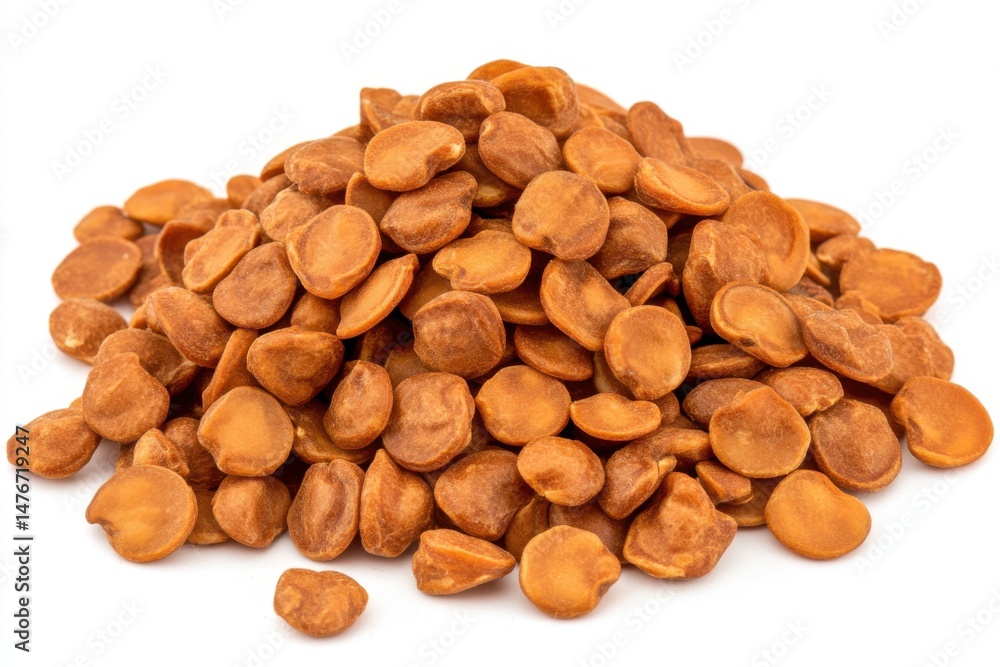 Poster pile of lablab seeds close up studio shot on white background showing texture and shape of hyacinth 