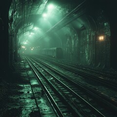 Long railway track extends through misty tunnel with green overhead lights. Dark walls and smoke obscure vanishing point. Generative by AI.