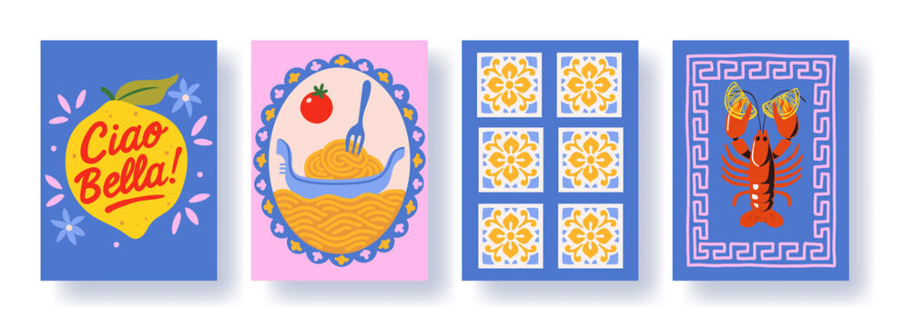 Mediterranean Vector Cards with Lemon, Pasta, Lobster, and Tiles Ciao Bella Typography, Greek Ornament, Italian Food and Summer Culture Elements in Bright Colors