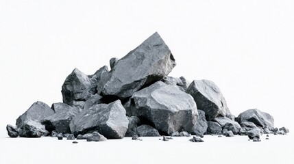 Gray boulder pile on white background studio shot eye-level view construction material aggregate stone rock geology