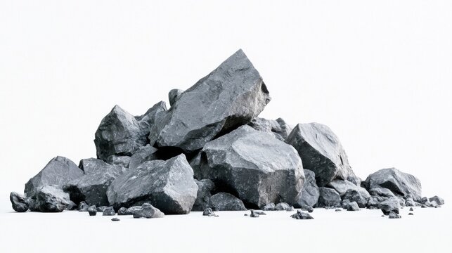 Gray boulder pile on white background studio shot eye-level view construction material aggregate stone rock geology