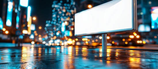 simple urban setting featuring billboard with white casing, wet concrete underfoot, traffic blur in background, sharp details for technology or digital ads