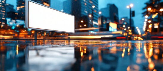 simple urban setting featuring billboard with white casing, wet concrete underfoot, traffic blur in background, sharp details for technology or digital ads