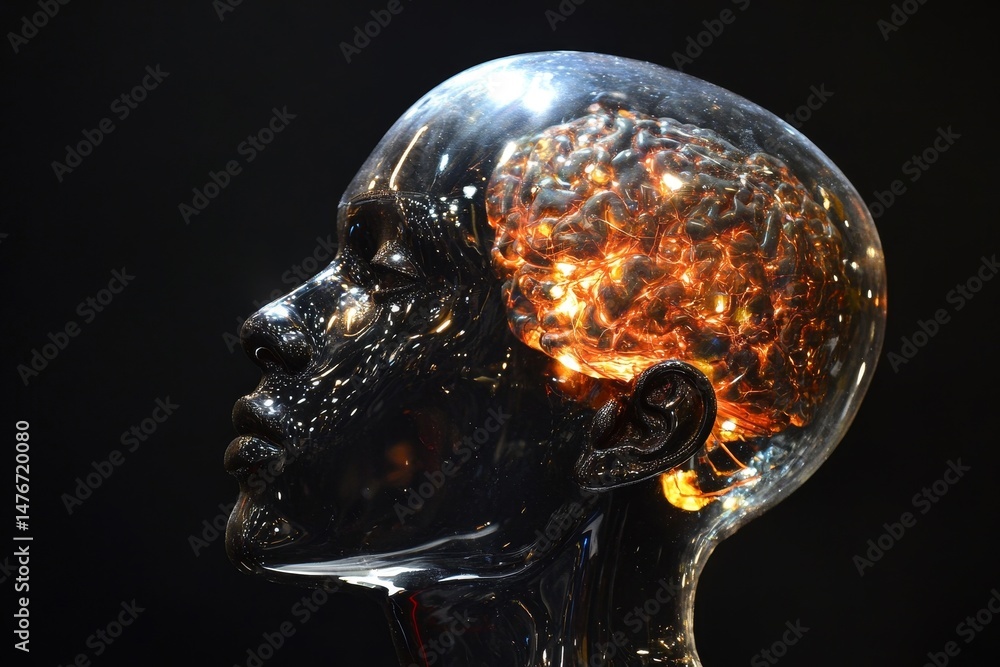 Poster Translucent head displaying a luminous brain.