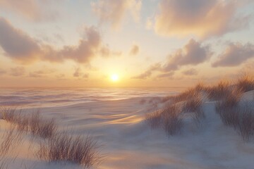 Golden sunset over snowy beach
