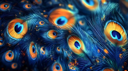 Vibrant Stylized Peacock Feather Design with Rich Blue and Orange