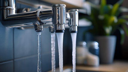 Three Water Faucets with Running Water in a Kitchen Setting