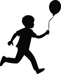 a boy is running with a balloon silhouette