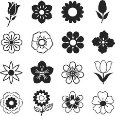 Set of flower icons.  Black and white flower icon design set. Flowers icon set