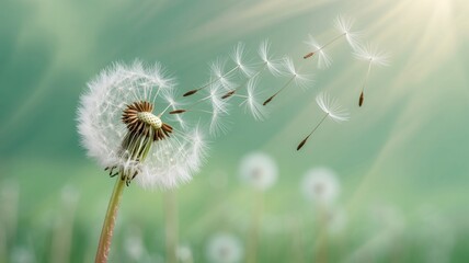 Naklejka premium Dandelion seed head releasing seeds captured against a dreamy green background with sunlight