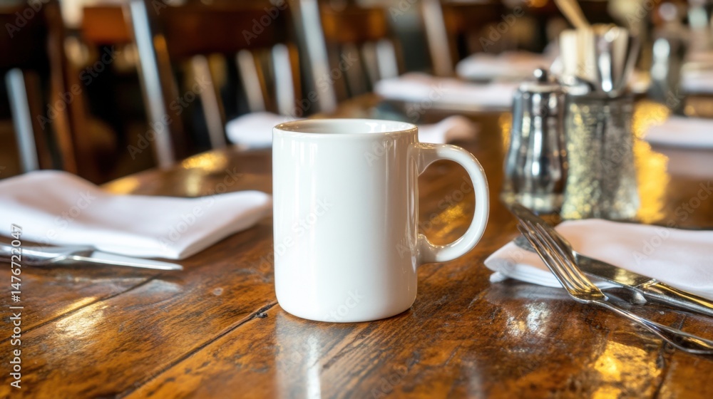 Poster white mug on rustic wooden table in restaurant setting with silverware and napkins in soft focus bac