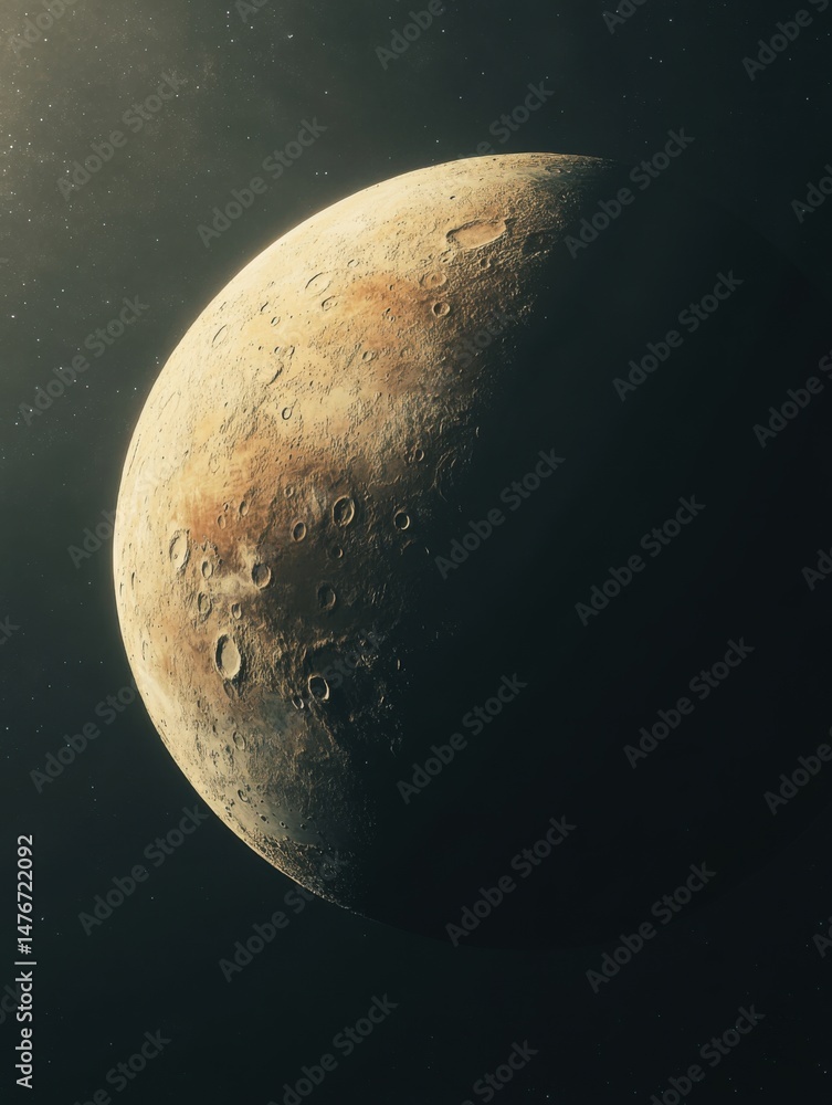 Poster detailed view of a cratered moon in deep space with visible stars and dark shadows in a vertical com