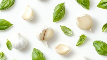 Fototapeta premium Overhead Flat Lay of Fresh Green Basil Leaves and White Garlic Cloves on White Surface for Culinary Use